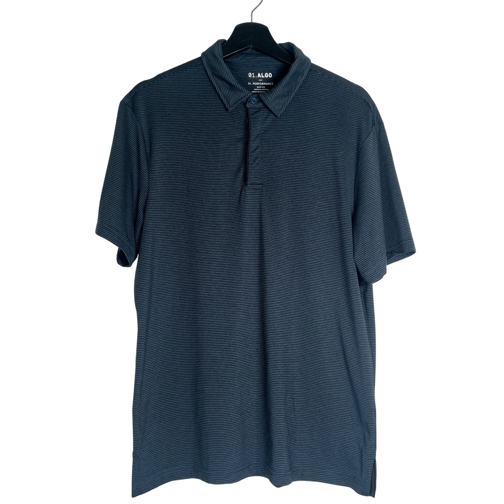 01.Algo Mens Performance Polo Shirt Medium Blue Striped Quarter Zip Quick Dry